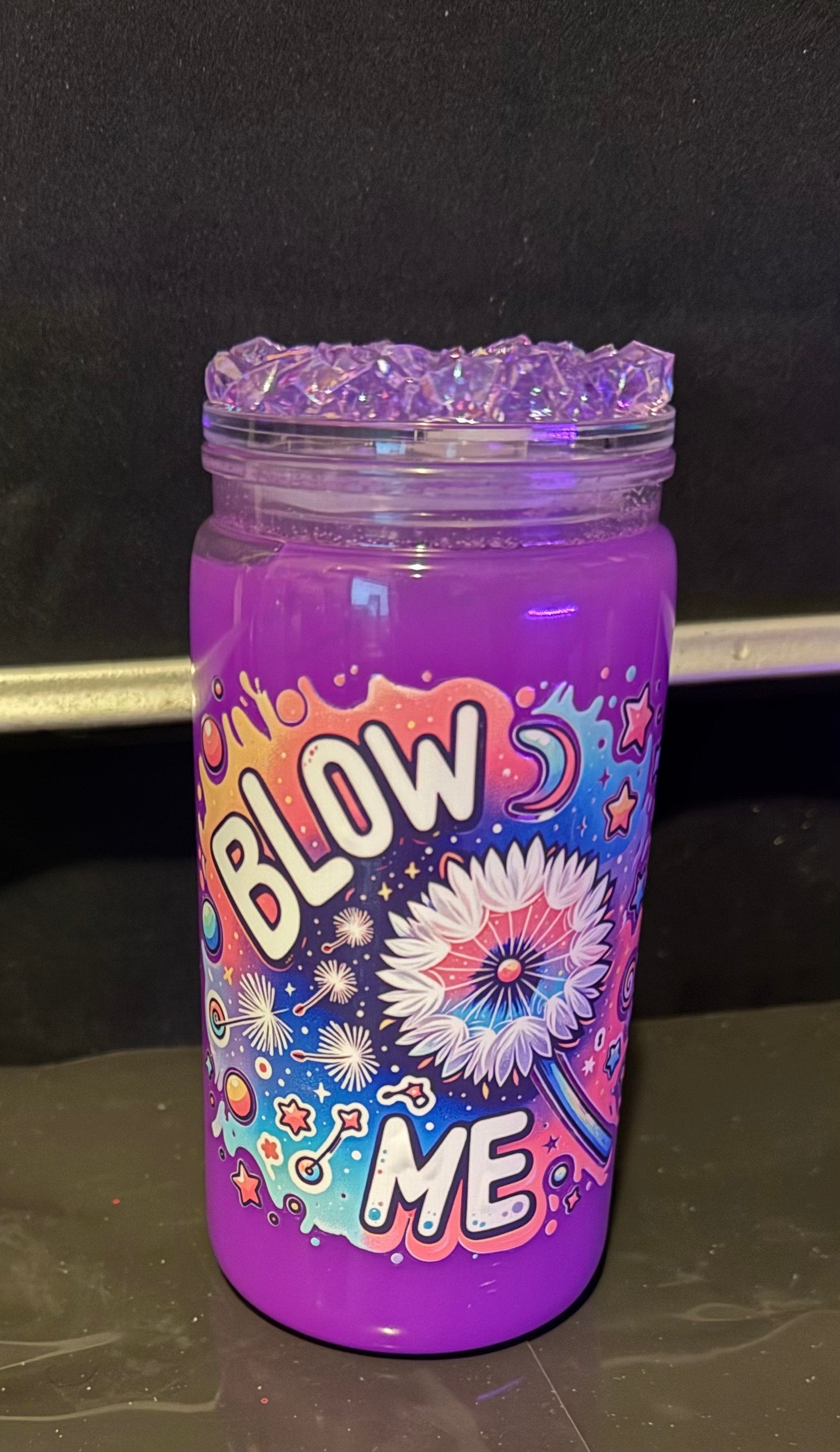 16 oz Purple filled Snow Globe tumbler with iced lid